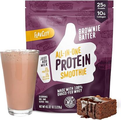 FlavCity All-in-One Protein Powder Smoothie, Brownie Batter - 100% Grass-Fed Whey Protein Powder with 25g Protein & 10g Collagen - Gluten-Free Pre Workout & Post Workout Drink - 20 Servings
