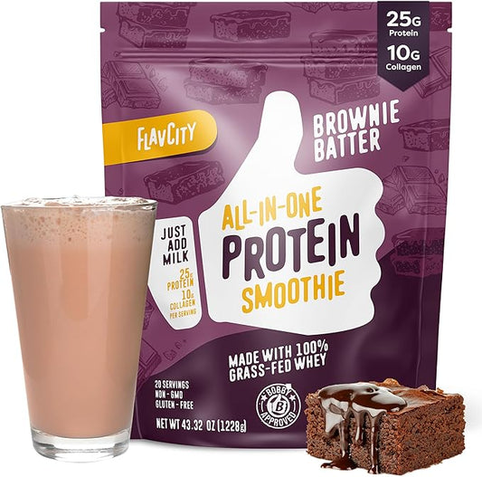 FlavCity All-in-One Protein Powder Smoothie, Brownie Batter - 100% Grass-Fed Whey Protein Powder with 25g Protein & 10g Collagen - Gluten-Free Pre Workout & Post Workout Drink - 20 Servings