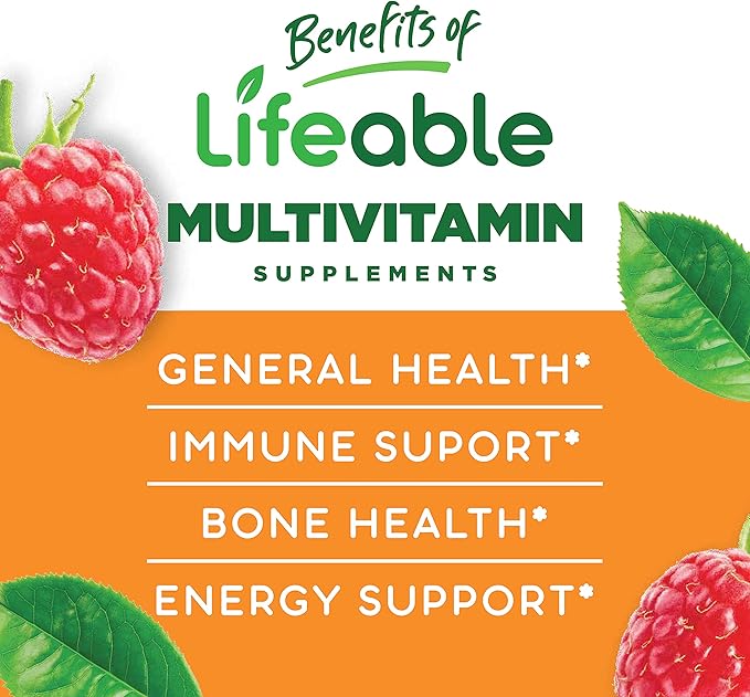 Lifeable Sugar Free Multivitamin for Women B1, B2, B2, Niacin, B5, B6, B6, Folate, B12, Biotin, 90 Gummies