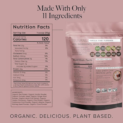 Truvani Vegan Pea Protein Powder | Vanilla Chai | 20g Organic Plant Based Protein | 10 Servings | Keto | Gluten & Dairy Free | Low Carb | No Added Sugar