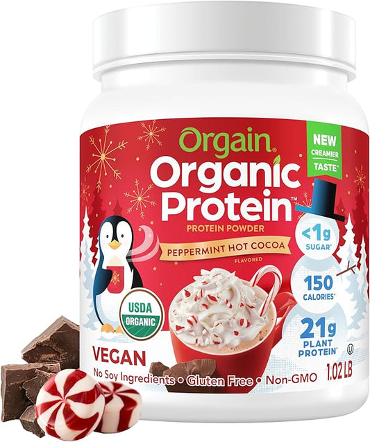 Orgain Organic Vegan Protein Powder, Peppermint Hot Cocoa Seasonal Holiday Flavor - 21g of Plant Based Protein, Non Dairy, Gluten Free, 2g of Fiber, No Sugar Added, Soy Free, Non-GMO, 1.02 Lb