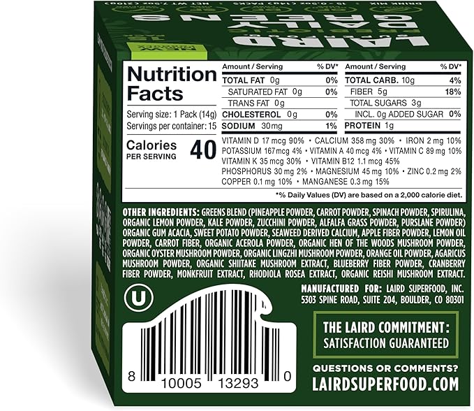 Laird Superfood Prebiotic Daily Greens Powder - Pack of 15 Single Serve Sachets - Essential Vitamins & Minerals - Fiber, Adaptogen & Fruits, Vegetables – Supports Gut Health – Non-GMO, Vegan