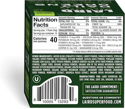 Laird Superfood Prebiotic Daily Greens Powder - Pack of 15 Single Serve Sachets - Essential Vitamins & Minerals - Fiber, Adaptogen & Fruits, Vegetables – Supports Gut Health – Non-GMO, Vegan