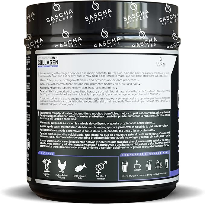SASCHA FITNESS Hydrolyzed Multi Collagen Peptides 1,2 & 3 |Hyaluronic
