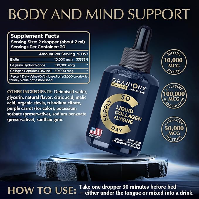 Liquid Collagen Peptides with Biotin and Lysine 50,000mcg Collagen 10,000mcg Biotin 2oz Strawberry