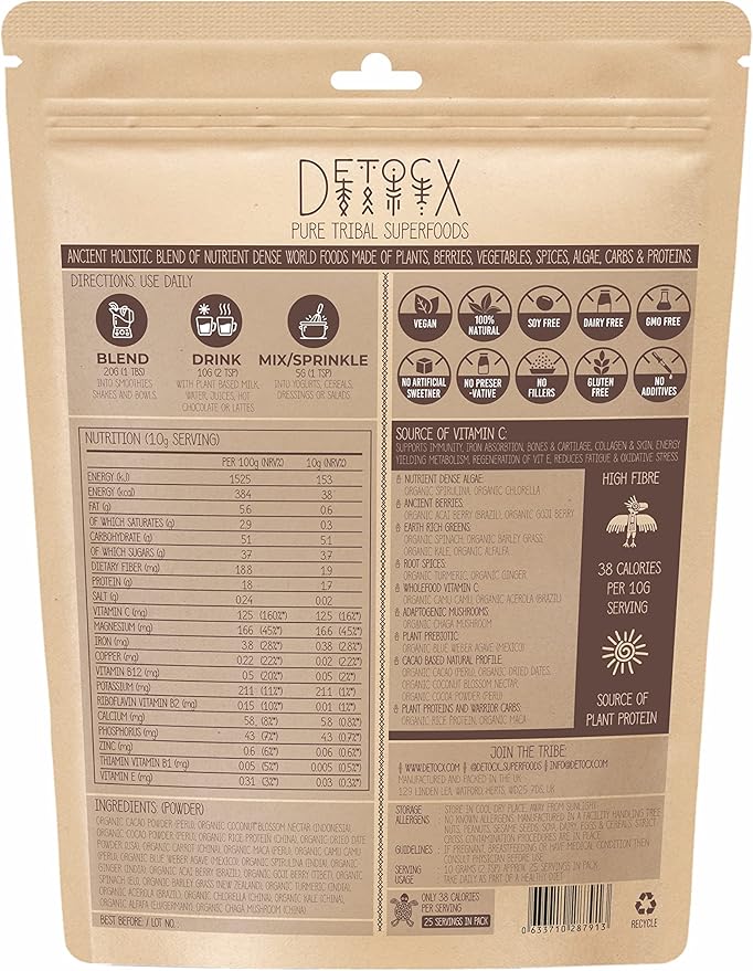 Detocx 21 Supergreens Powder | Chocolate | Energy | Digestion |Superfoods | Organic,Probiotic,Prebiotic,Fibre,Vitamins, Minerals |Gluten&Dairy&Soy Free| Vegan| 30+ Servings/8.82oz