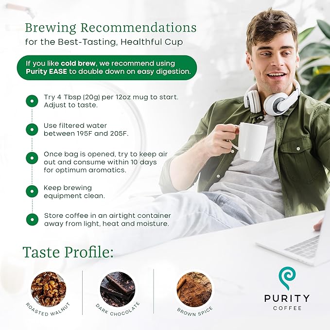 Purity Coffee EASE Dark Roast Ground Coffee for Low Acidity - USDA Organic and Third-Party Tested for Antioxidants, Mold, Mycotoxins and Pesticides - 12oz