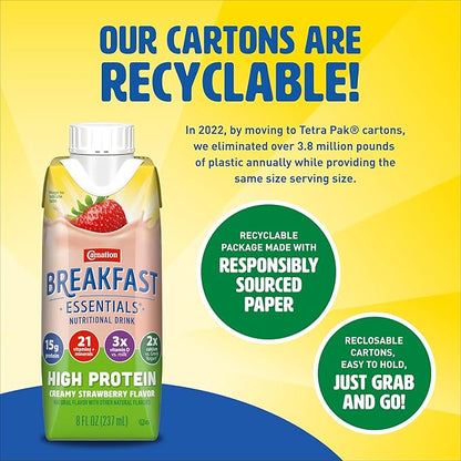 Carnation Breakfast Essentials High Protein Nutritional Drink, Ready-to-Drink, 15g Protein, Vitamins C & D for Immune Support, Calcium, Gluten-Free, Kosher, Creamy Strawberry, 8 FL OZ Carton (24 Pack)