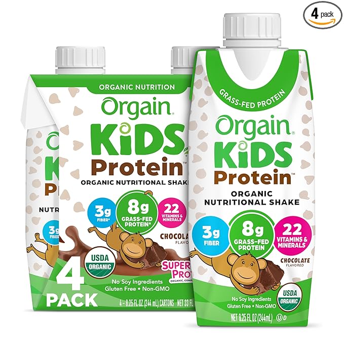 Orgain Organic Kids Nutritional Protein Shake, 8g Dairy 3g Fiber, 22 Vitamins 8.25 Fl (4 Pack)
