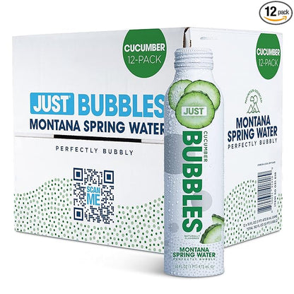 JUST Bubbles Cucumber - Pure Premium Sparkling Spring Water in a Fully Recyclable Reusable Eco-Friendly Bottle - 100% Mountain-Sourced Carbonated Water with Naturally Occurring Minerals, 16 Fl Oz (Pack of 12)