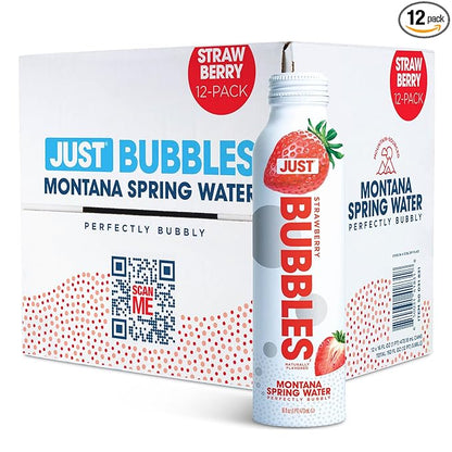 JUST Bubbles Strawberry- Pure Premium Sparkling Spring Water in a Fully Recyclable Reusable Eco-Friendly Bottle - 100% Mountain-Sourced Carbonated Water with Naturally Occurring Minerals, 16 Fl Oz