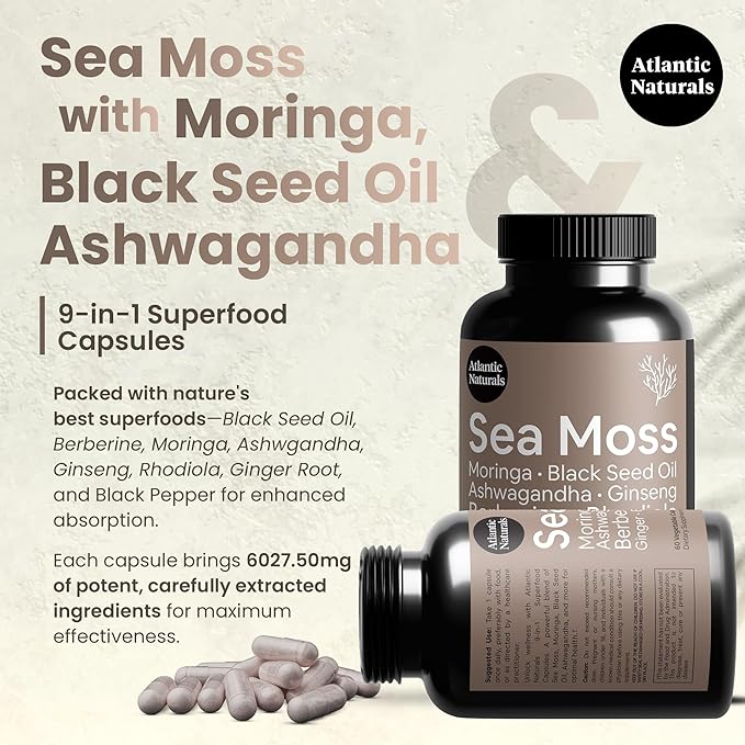 Atlantic Naturals Sea Moss Black Seed Oil Ashwagandha Ginger Capsules. Sea Moss with Black Seed Oil, Ashwagandha, Ginseng, Moringa Pure Supplement, 9-in-1 6,027 mg/Serving (60 Capsules)
