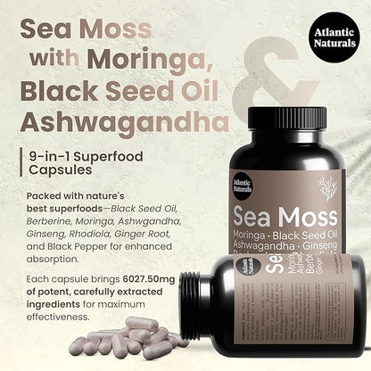 Atlantic Naturals Sea Moss Black Seed Oil Ashwagandha Ginger Capsules. Sea Moss with Black Seed Oil, Ashwagandha, Ginseng, Moringa Pure Supplement, 9-in-1 6,027 mg/Serving (60 Capsules)