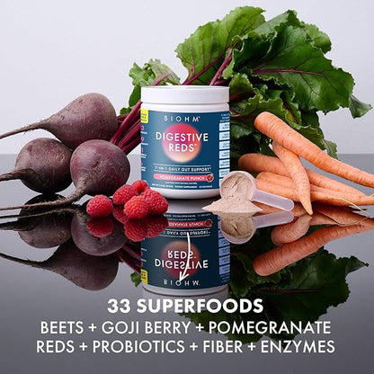 BIOHM Digestive Reds, Superfood Powder, Antioxidants, Vitamins, Probiotics, Digestive Health for Women and Men with Enzymes, Beets, Goji, Pomegrante, Red Berry Flavor (30 Servings)