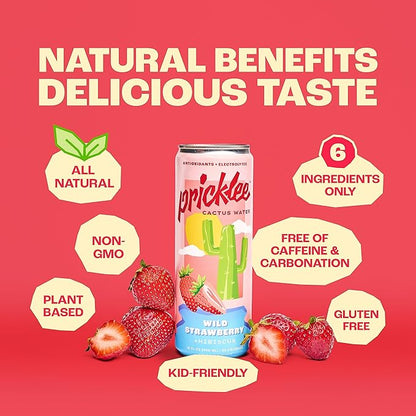 Pricklee Wild Strawberry Cactus Water - Packed With Antioxidants, Electrolytes, Vitamin C - Natural Sports Drink for Immunity, & Recovery - Non-Sparkling, Low-Sugar, Low-Calorie, No Caffeine