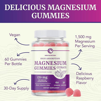 Magnesium Citrate Gummies | Extra Strength for Calm, Relaxation & Digestion | High Absorption Magnesium Gummies for Adults | Vegan, Non-GMO | Raspberry Flavor Mag Gummy | 60 Ct, 1 Month Supply