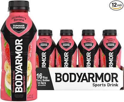 BODYARMOR Sports Drink Sports Beverage, Strawberry Banana, Coconut Water Hydration, Natural Flavors With Vitamins, Potassium-Packed Electrolytes, Perfect For Athletes, 16 Fl Oz (Pack of 12)