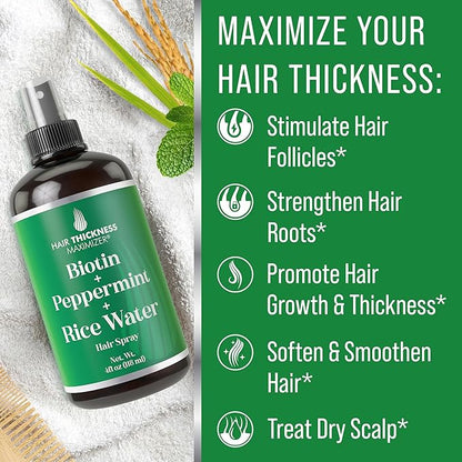 Biotin + Peppermint Oil + Rice Water Spray For Hair Growth. Vegan, Leave In Conditioner Serum Spray For Women, Men. Thickening, Moisturizing, Strengthening Scalp Treatment For Dry, Frizzy, Weak Hair