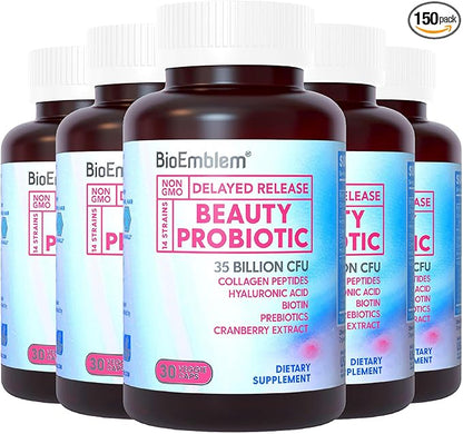 BioEmblem Beauty Probiotics for Women, 35 Billion CFU 14 Strains with Biotin, Collagen, Prebiotics for Digestive Health, Hair Skin and Nails, Vaginal Probiotics Supplement, Shelf Stable, 150 Caps