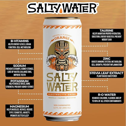SaltyWater Electrolyte Drink, Orange – Zero Sugar Premium Hydration Drink, 10 Calories, Minerals, Taurine, B-Vitamins, Non-Carbonated - Zero Caffeine Electrolyte Sports Drink - Keto, Paleo, Vegan - 12 Pack (12 oz)
