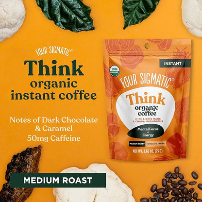Four Sigmatic Organic Mushroom Coffee | Instant Mushroom Coffee Mix with Lion's Mane, Chaga and Rhodiola for Better Focus and Immune Support | 30 Serving Bag