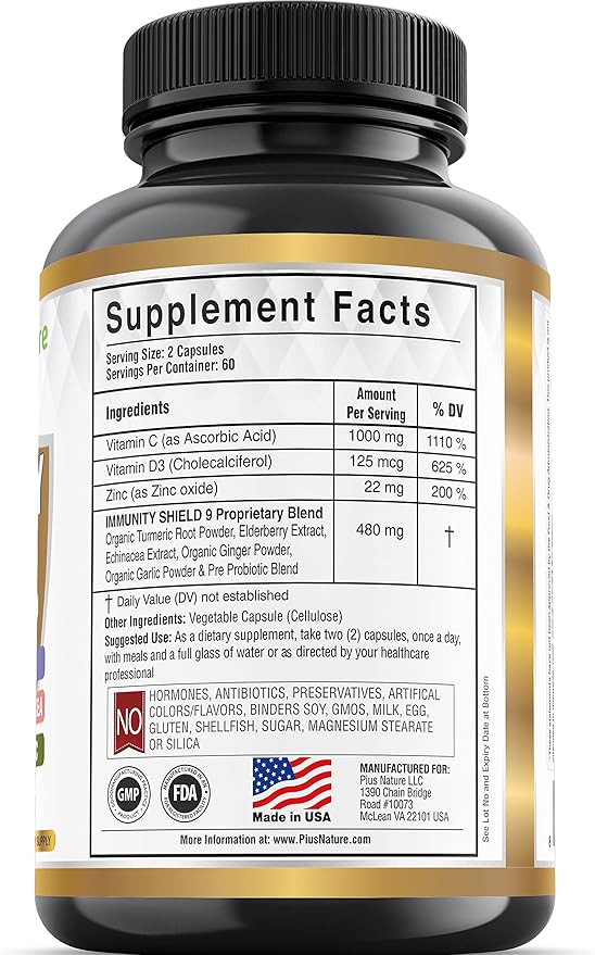 9-in-1 Immune Support Vitamin C (1000mg), D3 (5000 (5000 IU), Zinc(22mg) with (120 caps 2 month