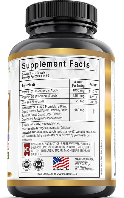 9-in-1 Immune Support Vitamin C (1000mg), D3 (5000 (5000 IU), Zinc(22mg) with (120 caps 2 month