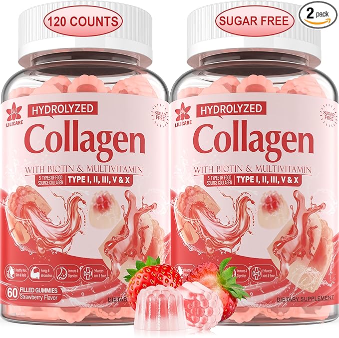 2Pack Sugar-Free Hydrolyzed Collagen Peptide Filled 1500mg Protein 5000mcg Biotin D3 B6 B6 B12 B12 for