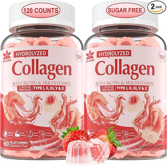 2Pack Sugar-Free Hydrolyzed Collagen Peptide Filled 1500mg Protein 5000mcg Biotin D3 B6 B6 B12 B12 for