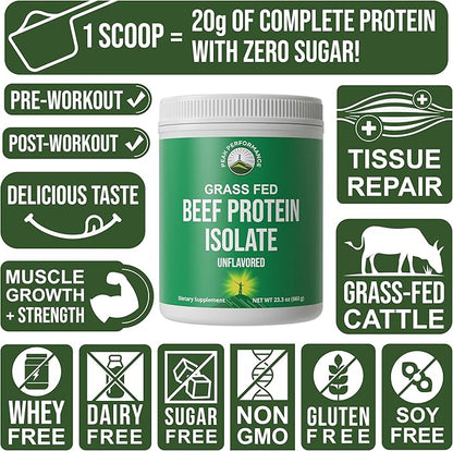 Grass Fed Beef Protein Powder - Lactose Free Great Tasting Beef Protein Isolate. Complete Animal Based Non Dairy Paleo Carnivore Supplement for Prime Muscle Building. No Whey. Unflavored