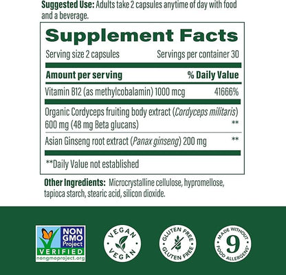 MegaFood Superfood Mushroom Energy Support B12 Vitamins 60 Capsules, 30 Servings