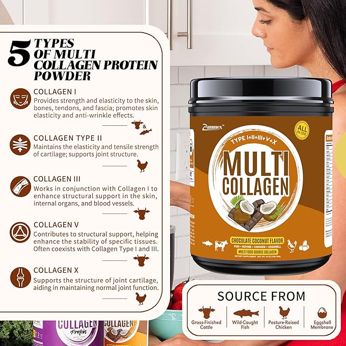 Zammex Multi Collagen Peptides Powder, Type 41 Servings, 1LB