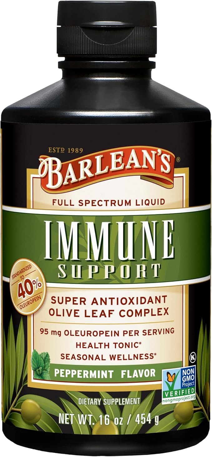 Barlean's Peppermint Olive Leaf Complex Liquid Immune Support Supplement with 95mg Oleuropein Antioxidants, 16 Ounce