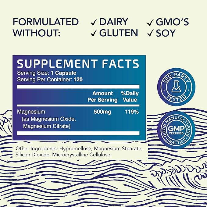 Magnesium Citrate 500 MG (120ct) for Calm, Relaxation, Constipation & Digestion Support | High Absorption Magnesium Supplement with Elemental Mag Oxide | Gluten-Free, Soy-Free | 4-Month Supply