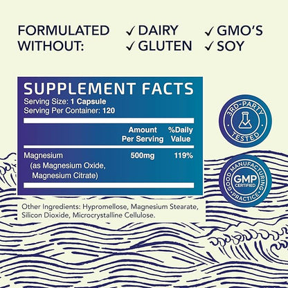Magnesium Citrate 500 MG (120ct) for Calm, Relaxation, Constipation & Digestion Support | High Absorption Magnesium Supplement with Elemental Mag Oxide | Gluten-Free, Soy-Free | 4-Month Supply