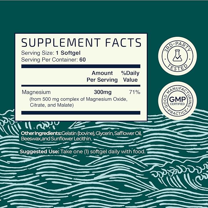 Triple Magnesium Softgels | Citrate, Malate, & Oxide | Highly Absorbable Magnesium Supplement for Digestion, Calm, Leg Cramps, & Sleep Support | 300mg Complex | Easy to Swallow Soft Gels | 60 Count