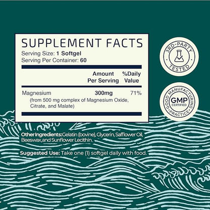 Triple Magnesium Softgels | Citrate, Malate, & Oxide | Highly Absorbable Magnesium Supplement for Digestion, Calm, Leg Cramps, & Sleep Support | 300mg Complex | Easy to Swallow Soft Gels | 60 Count
