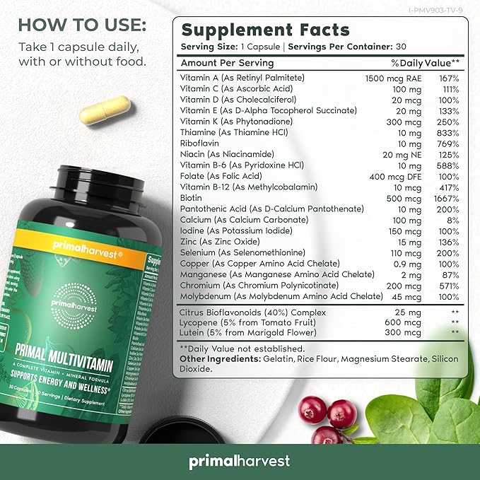 Primal Harvest Multivitamin for Women and B12, B6, B6, Biotin, (30 Capsules)