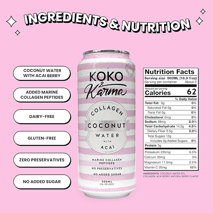 Coco Luxe / Koko & Karma Coconut water with Marine Collagen and Acai Berry 16.9oz (12 pack case)