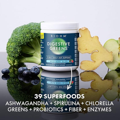 BIOHM Digestive Greens, Green Superfood Powder with Antioxidants, Vitamins and Probiotics, Super Greens, Supplement with Enzymes, Ashwagandha, Spirulina, Chlorella, Berry Flavor (30 Servings)