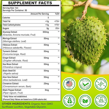 Soursop Bitters Liquid 880MG, Soursop Multivitamin Liquid Drops with Soursop Leaves Herbal Blend, for Cell Support & Regeneration, Immunity, Liver, Gut, Zzz & Antioxidant | 320 Days Supply