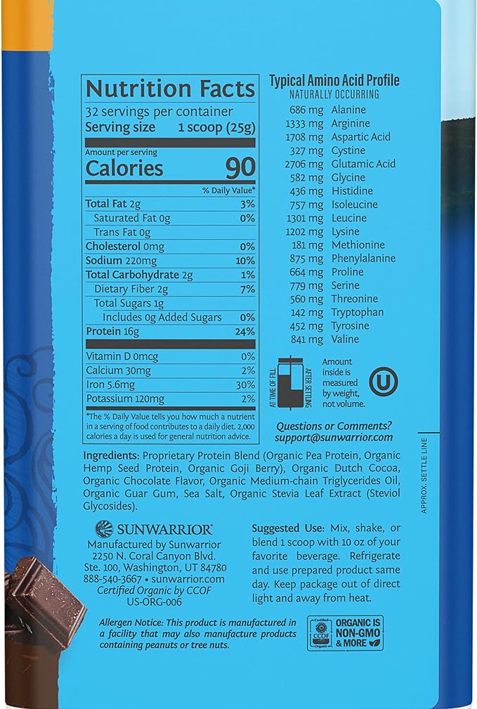 Sunwarrior Vegan Protein Powder Plant-Based USDA Organic | BCAA Amino Acids Hemp Seed | Keto Friendly Soy, Dairy, Gluten, & Synthetic Free Non-GMO | Chocolate 32 Servings 16g
