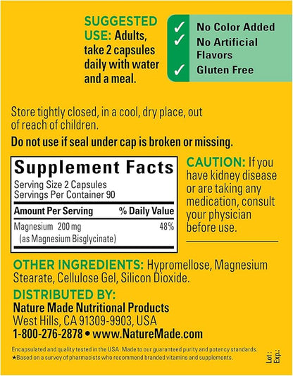 Nature Made Magnesium Glycinate 200 mg per serving, Magnesium Supplement for Muscle, Heart, Nerve and Bone Support, 180 Magnesium Bisglycinate Capsules, 90 Day Supply