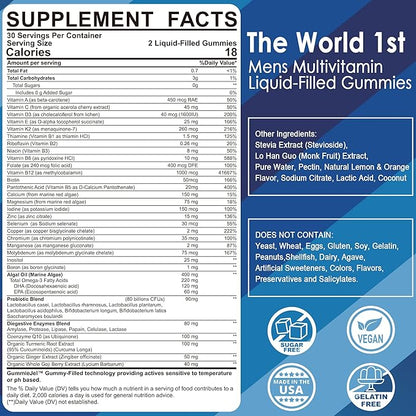 Mens Multivitamins Gummies, Multiminerals, Vegan Omega 3, CoQ10, CoQ10, Probiotics, D3 E B6 B12, B12, Methylated 60 Cts