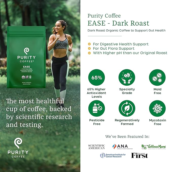 Purity Coffee EASE Dark Roast Ground Coffee for Low Acidity - USDA Organic and Third-Party Tested for Antioxidants, Mold, Mycotoxins and Pesticides - 12oz