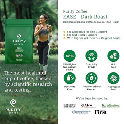 Purity Coffee EASE Dark Roast Ground Coffee for Low Acidity - USDA Organic and Third-Party Tested for Antioxidants, Mold, Mycotoxins and Pesticides - 12oz