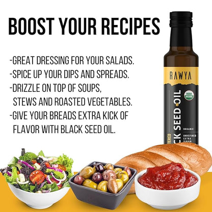 RAWYA Black Seed Oil - Organic Cold Pressed Nigella Sativa - Turkish Origin - USDA Organic - Natural Supplement - Black Cumin Seed Oil - Rich Flavor & High Concentration - 250ml Glass Bottle