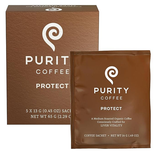 Purity Coffee PROTECT Highest Antioxidant Light-Medium Roast - USDA Certified Organic Specialty Grade Arabica Single-Serve Packets - Third Party Tested for Mold, Mycotoxins, Pesticides - 5 ct Box
