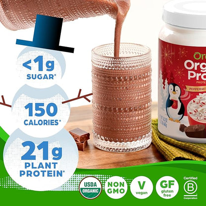 Orgain Organic Vegan Protein Powder, Peppermint Hot Cocoa Seasonal Holiday Flavor - 21g of Plant Based Protein, Non Dairy, Gluten Free, 2g of Fiber, No Sugar Added, Soy Free, Non-GMO, 1.02 Lb