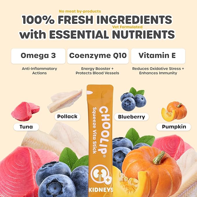 Squeeze Vita Stick Lickable Treats for Dogs & Cats. 49 Kidney support sticks with essential multivitamins. Soft and tasty paste for all life stages, supporting kidney health